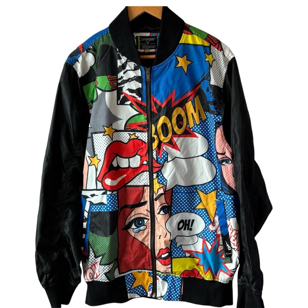 Comic Pop Art Bomber WindbreakerJacket Sz L unisex.  Cartoon like.